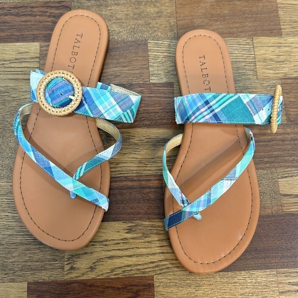 Talbots Womens Gia‎ Buckle Sandal 8 Plaid Multi Criss Cross Summer Coastal Flat - Picture 4 of 7
